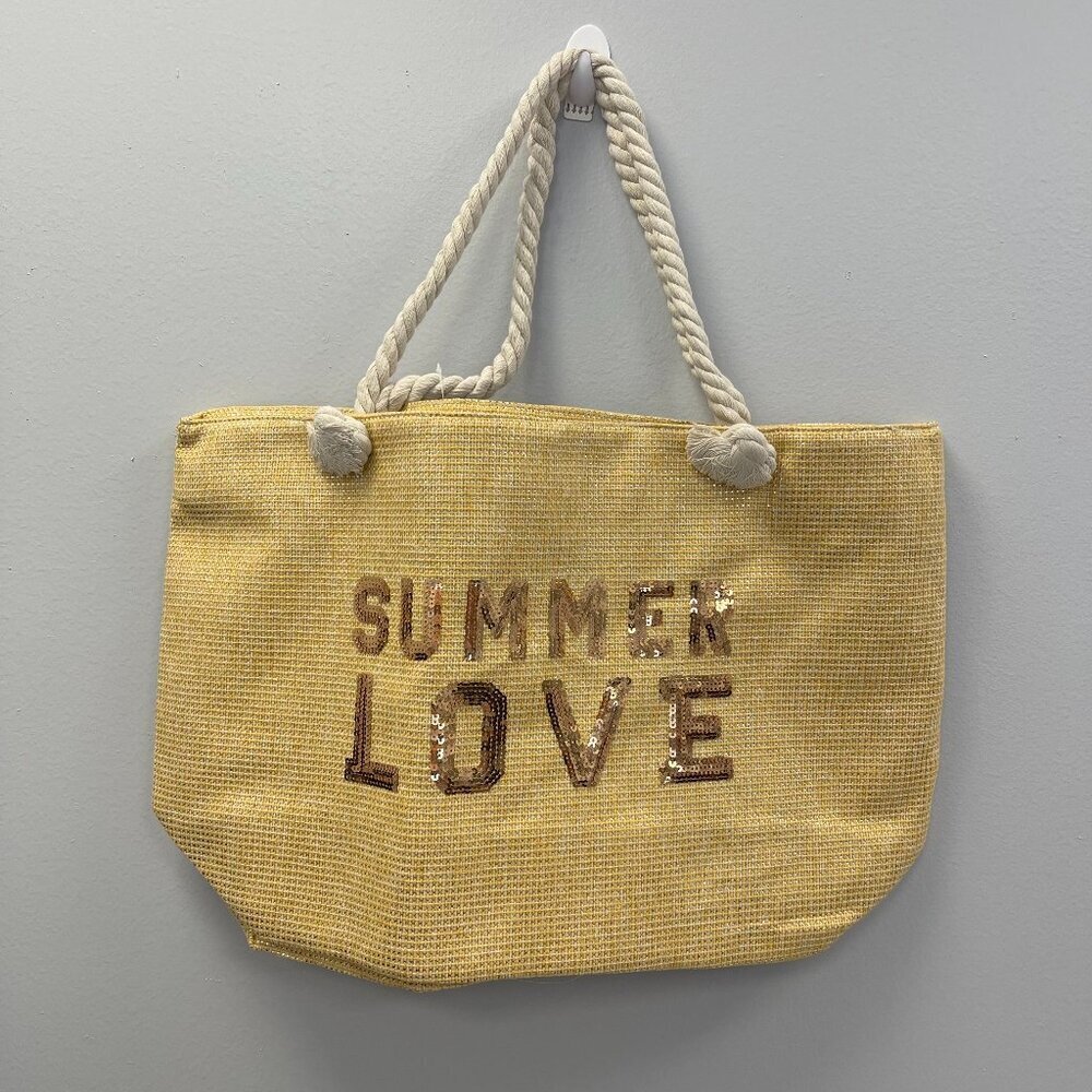 Love of Fashion Summer Love Tote Bag in Beige w/ Sequins and Rope Handles - NWT
